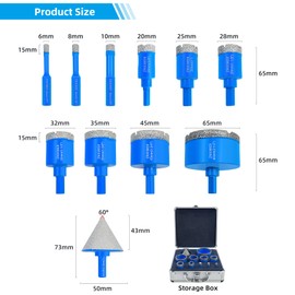Diamond Core Drill Bit Set - ZNXIMER Diamond Hole Saw Kit, for Porcelain Tile Ceramic Marble Granite Drilling, 11Pcs(6/8/10/20/25/28/32/35/45/65MM + 50mm Bevel Chamfer Drill Bits)