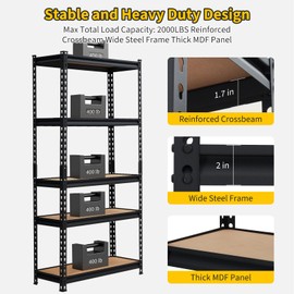 PeacefulHues 5 Tier Heavy Duty Storage Shelves, 48" W x 24" D x 72" H Adjustable Metal Shelving Unit, 2000Lbs Capacity, for Garage Organization, Kitchen, Warehouse