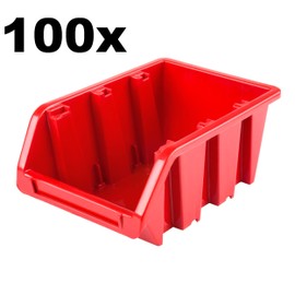 SimpleThing Pack of 100 Stacking Boxes Size 120 x 195 x 90 mm Colour Red Workshop Wall Shelf Sorting Box Stacking Box