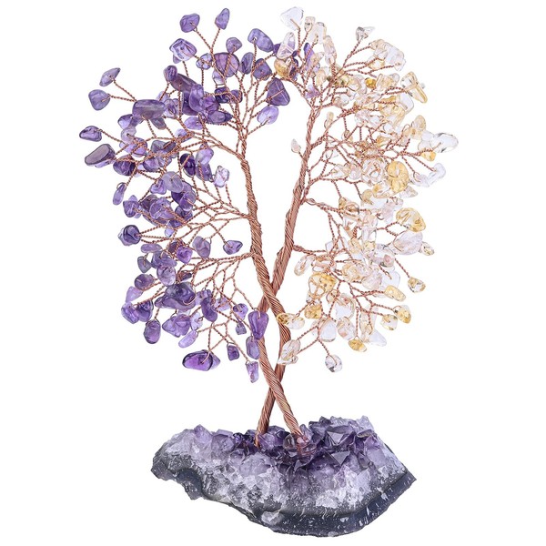 Nupuyai Tree of Life Stone with Natural Amethyst Base Feng Shui Crystal Concentrated Tree Love Symbol for Wedding Office Amethyst & Citrine