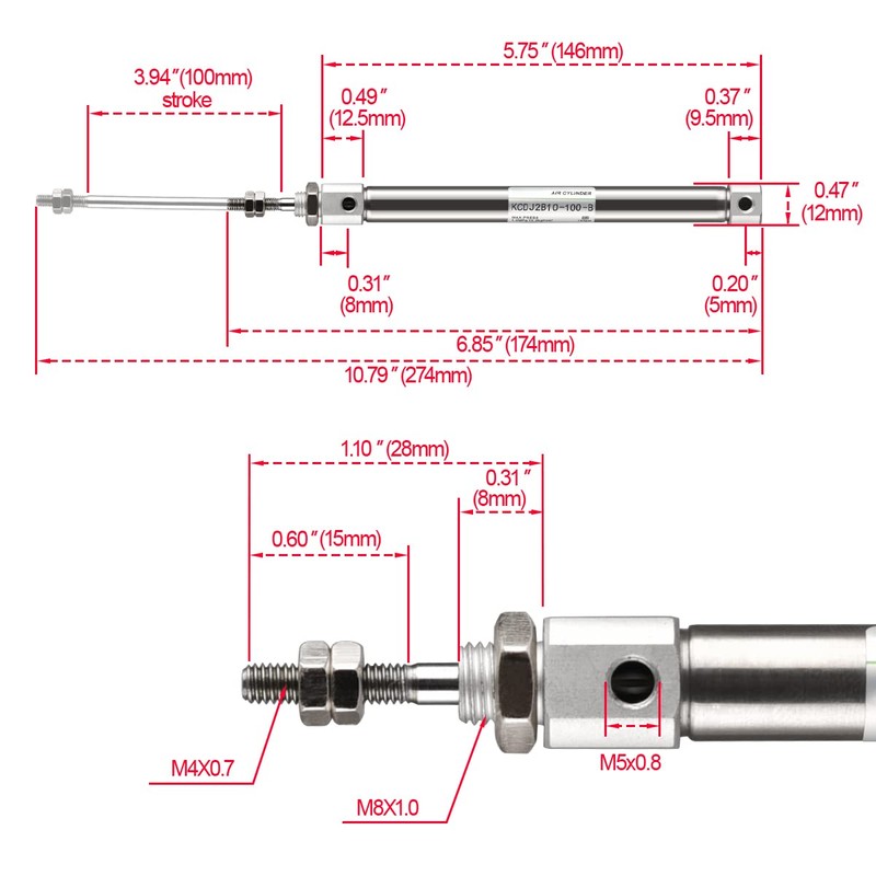 Heschen Pneumatic Slim Air Cylinder, CDJ2B 16-100, M5 Port, 16