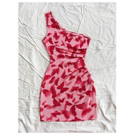 GORGLITTER Women's Butterfly Print Bodycon Mini Dress One Shoulder Ruched Dresses Birthday Going Out Dinner Dresses Pink Medium