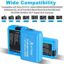 Artman NP-FW50 Battery 3-Pack and 3-Slot ZV-E10 Battery LCD Charger for Sony ZV E10, Alpha A6500 A6400 A6300 A6000 A5100 A5000, A7S II, A7S, A7R II, A7R, A7 II, A7, RX10 II III IV Cameras, Blue