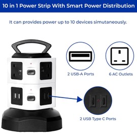 Tower Extension Lead With USB Slots - 2 USB-C, 2 USB Ports and 4 Main Outlets Multi Plug Sockets - Surge Protected Extension Lead 2m Power Strip Extension Tower Black Extension Lead Surge Protection