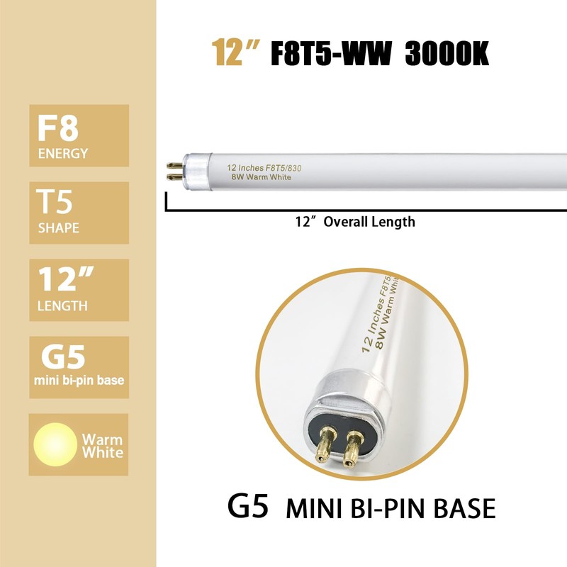 Konideke 8 Pack F8T5/WW Fluorescent Bulbs Warm White 3000K, 12