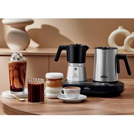 Arzum Okka Moka Pot with Milk Frother, Hot Beverage and Turkish and Greek Coffee Maker, Velvetiser, 120V, 5 Cups, Programmable Touch Panel, Chrome