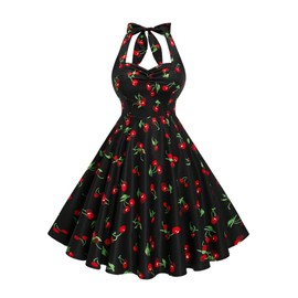 Floerns Women's Plus Size Cherry Print Halter Dress Ruched Bust Vintage A Line Dresses Black 3X-Large Plus