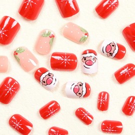 Christmas Press On Nails Short Red Square Fake Nails with Christmas Santa Claus Designs Glossy Stick On Nails Christmas Nail Accessories Decorations for Women Girls 24Pcs