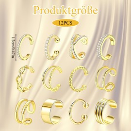 Ear Cuff, 12 Piece Ear Cuff Set, Gold, Fake Helix Earrings, Fake Piercing for Women and Teenagers, Perfect for Everyday, Party, Wedding, School and Holiday, Ear Cuff Gold, Fake Piercing, Ear Cuff