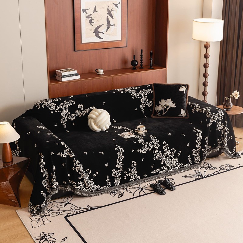 Black Vintage Couch Cover Botanical Vine Jacquard Slipcover for Loveseat