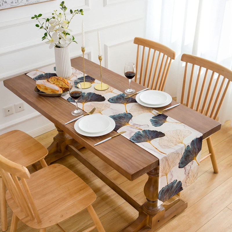 Table Runner Ginkgo Leaf Linen Waterproof Outdoor Polyester Durable Blue