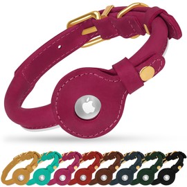 OOPSDOGGY Rolled Leather Dog Collar with Airtag Holder - Reflective Round Airtag Dog Collar - Soft Tracking Pet Collar for Small Dogs Puppy Cats Kitten (Pink, S, 10"-13")