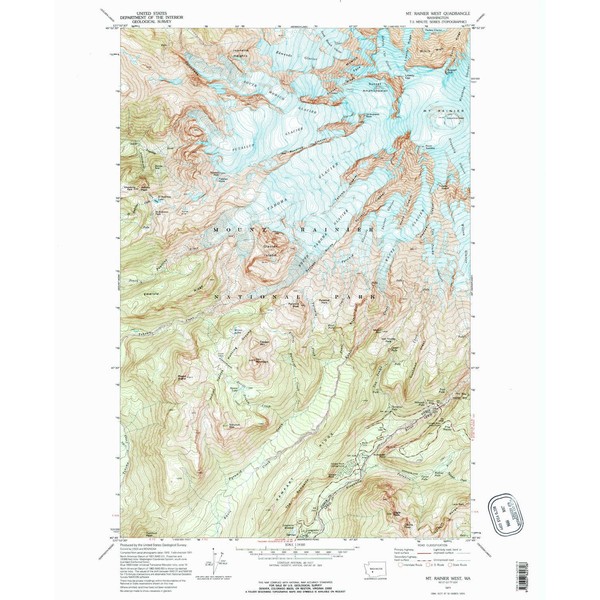 YellowMaps Mt Rainier West WA topo map, 1:24000 Scale, 7.5 X 7.5 Minute, Historical, 1971, Updated 1996, 26.9 x 22.1 in - Paper