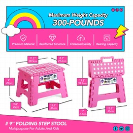 Delxo Folding Step Stool, 9 inch Non-Slip Foldable Stools for Kids & Adults Up to 300 LBS, Step Stool with Handle, Lightweight for Kitchen, Bathroom, Bedroom, Garden, Rose Pink, 1PC