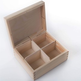 Wooden Decorative Box with 4 Compartments | 18 x 15.5 x 8 cm | Accessories Storage Case Tea Bag Sewing Jewellery Caddy Organiser Divided Sections| Natural Unpainted & Untreated Wood for Craft