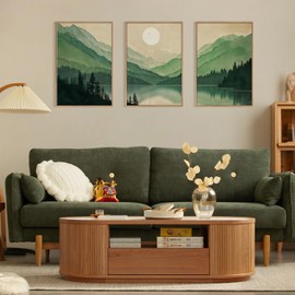 Celestdeco Watercolor Mountains Framed Canvas Wall Art Set, Boho Sun Forests Wall Decor, Green Scenery Wall Painting, Modern Woodland Artworks for Living Room, Bedroom, Dining Room, Office - 24"x36"x3