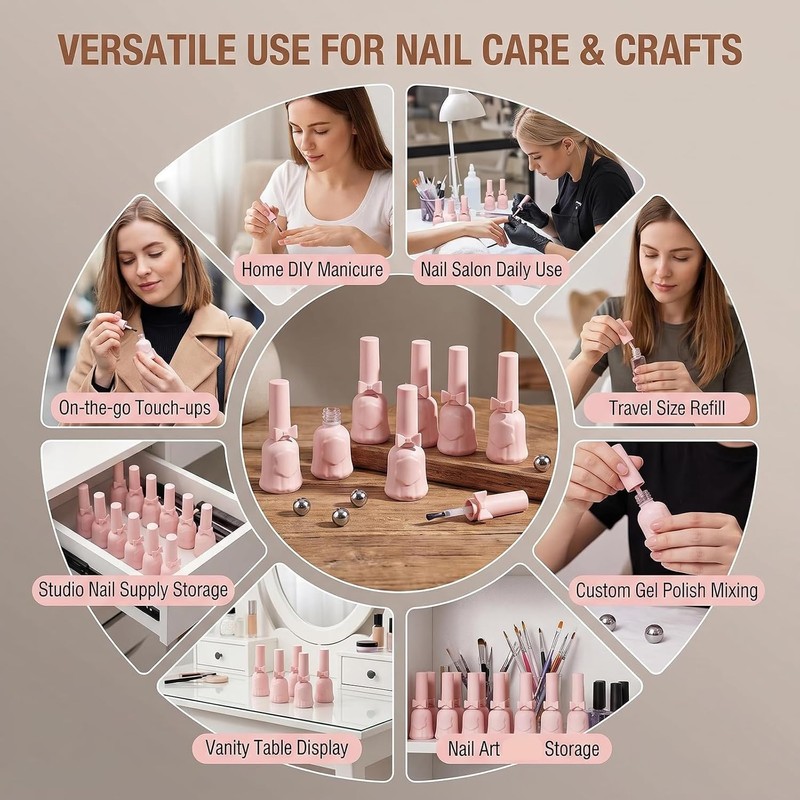 6PCS 0.4oz Pink Empty Glass Nail Polish Bottles with Mix