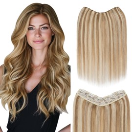 SLEEKALON Real Human Hair Blonde Highlights One Piece Clip in Hair Extensions 3/4 Full Head Clip on Hair Extensions for Women Straight V-Shaped Weft Invisible Clip in Hair Extensions(18",12P613)