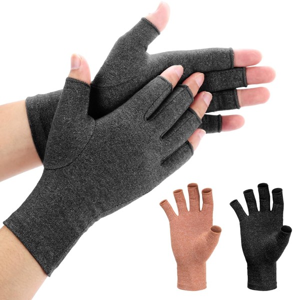 Duerer 3 Pairs of Arthritis Gloves, Premium Compression Arthritis Gloves for Pain Relief and Joint Support, Fingerless Hand Thumb Gloves - Comfortable, Stylish (Black + Grey + Brown), Black + grey +