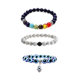 3Pcs Evil Eye Bracelet Set Chakra Beaded Bracelets Evil Eye Hamsa Blue Beaded Charm Stretch Bracelet 7 Chakra Gemstone Lava Stone Hamsa Mal De Ojo Bracelets Yoga Menditation Beads Bracelets-Dark Blue