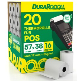 20 Thermopapier 57mm Rollen Kassenbon Pos Terminal - Thermorollen DuraRoooll 57mmx38mmx16m für Kassenzettel Kompatibel mit Nexi SumUp Pax Axerve Ingenico Smart POS - Kartenterminal BPA-free Papier
