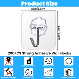 200-Pack Heavy Duty Adhesive Hooks – Transparent, No Drill Wall Hooks for Hanging, 22lb Max, Stainless Steel & PVC – Strong Sticky Hook for Bathroom, Kitchen, Shower, Door, Home & Office