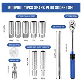 11pc Magnetic Spark Plug Socket Set, 3/8" Click Torque Wrench, Spark Plug Gap Tool, Magnetic Swivel Sockets, U Joint and 10" Extension Bar（11pcs）
