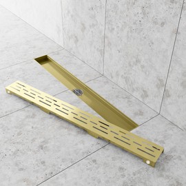Hydroware 24 Inches Linear Shower Drain - Stainless Steel Rectangular Shower Floor Drain with Removable Patterned Grate, Hair Strainer, Threaded Adapter - Gold