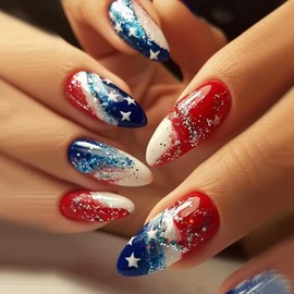24Pcs 4th of July Press on Nails Medium Length Almond Red White Blue Fake Nails With Star Glitters Designs 4th Of July Nails Gel Glue on Nails Acrylic Glossy Independence Day Full Cover Stick On Nails