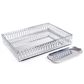 LINDLEMANN Decorative Tray - Metal Mirrored Ornate Serving Tray - Roman Style Elegant Design for Jewelry Living Room Easter (Rectangle, 12x9in, Silver)