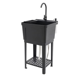 Laundry Sink,Freestanding Plastic Laundry Sink with Storage Rack and Rotatable Faucet,Black Space Saver Utility Sink Laundry Tub for Garage Basement Garden (Black - 19.69x18.9x33.07in)
