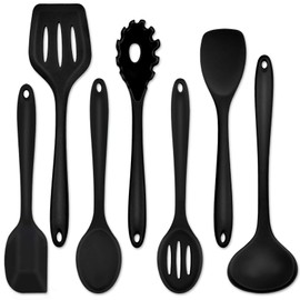 Juego de 7 utensilios de cocina P&P CHEF, resistentes al calor, espátula de cocina para utensilios de cocina antiadherentes, espátula ranurada, cucharón de sopa, espátula, servidor de pasta, cucharón, cucharón, cuchara – negro