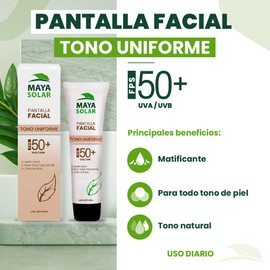 MAYA SOLAR Protector Solar Facial Tono Uniforme 50 ml, con Pigmentos Naturales para un Acabado Impecable, Bloqueador solar FPS 50+, Mineral y Biodegradable. Todo Tipo de Piel