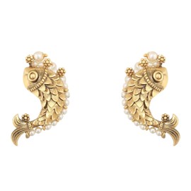 Tarinika Fish and Pearl Oxidized Classic Earrings(Gold-Plated Brass) - Indian Earrings for Women | Perfect for Ethnic Occasions | Traditional South Indian Jewelry | 1 Year Warranty*