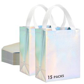 15 Pcs Iridescent Glossy Gift Bags Medium Size, 8x4x10 In Holographic Reusable Gift Bags with Handles & Sturdy Base, Ideal for Birthday, Wedding, Bachelorette, Party Favors, Holiday Goodie Bags