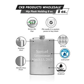 Hip Flask Holding 8 oz - Pocket Size, Stainless Steel, Rustproof, Screw-On Cap - Metallic Grey Finish Perfect for Engraving - Set of 6