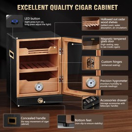 Scotte LED Lighted Cigar Humidor Cabinet, 15L Cigar Humidors for 100-150 Cigars, with Spanish Cedar Wood Shelves&Accessories Drawer, 3 Humidifiers, Hygrometer, Magnetic door, Gift for Men/Cigar Lover
