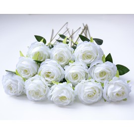 White Roses Artificial Flowers Fake Rose Bouquet Faux Silk Flower for Home Decor DIY Wedding Centerpieces Proposal Bridal Party Floral Decoration (White, 12pcs)