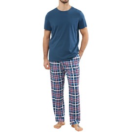 TeJoyce Mens Pyjamas Set Cotton Short Sleeve and Plaid Long Pants 2 Piece PJ Set Soft Comfy Loungewear Nightwear Set with Pockets Blue