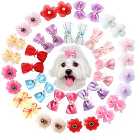 Janinka 40 Pieces Dog Bows Cute Dog Hair Bows for Puppy Hair Bowknot with Rubber Bands Lace Organza Rhinestone Pearls Multicolor Pet Grooming Accessories
