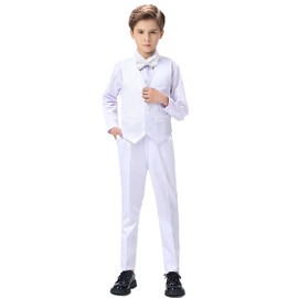 Boys White Suit for Toddler Boy Kids Formal Tuxedo Dress First Communion Suits Vest and Pants Set with Shirt Bow Tie 5T
