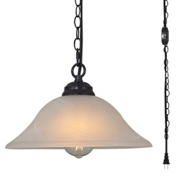 SHENGQINGTOP Traditional Plug in Pendant Light Fixture Alabaster Glass Shade, Black Hanging Lamp with Dimmable Switch,16.4Ft Cord & 14.7Ft Chain for Kitchen Sink Corner Nook