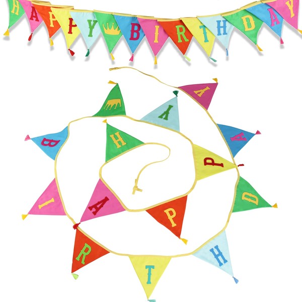Happy Birthday Fabric Rainbow Banner, Double Sided Triangle Tassel Bunting