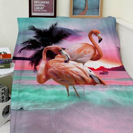 Violetpos Thick Blanket Soft Warm Cosy Flannel Fleece Sofa Blanket Lid Blanket Beautiful Pink Flamingos Sunset Coconut Palm 125 x 200 cm