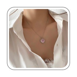 Yienate Pink Crystal Heart Necklace Choker Gold/Silver Love Heart Pendant Necklace Vintage Pink Rhinestone Heart Of The Ocean Necklace Forever Love Heart Necklace Jewellery For Women, Zinc, No