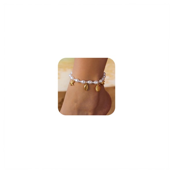 Qceasiy Shell Ankle Bracelet Set for Women, Gold Boho Bead