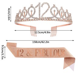 UVATAHONA 12th Birthday Sash and Tiara for Girl, 12 & Fabulous Sash and Tiara Birthday Crown, Happy 12th Birthday Gifts for Girls Kids Party Favors Supplies and Decorations, Rose Gold