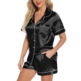 Senert Satin Pajama Set Women Silk Pjs Set Short Sleeve Two Piece Button Down Pajamas Sleepwear Lounge Sets Black,Medium