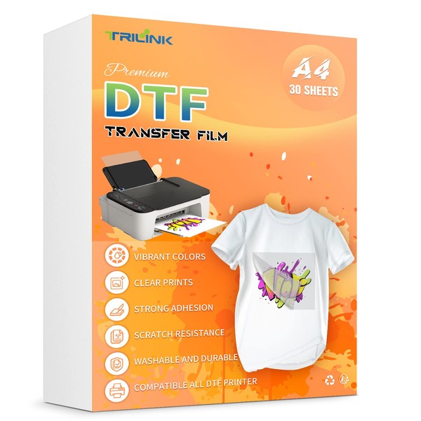 TRILINK DTF Transfer Film Paper A4 (21 x 29,7 cm)-30 Sheets, Premium Double-Sided Matte Clear PreTreat Sheets - PET Heat Transfer Paper for Sublimation Printer Direct Print on T-Shirts Textile