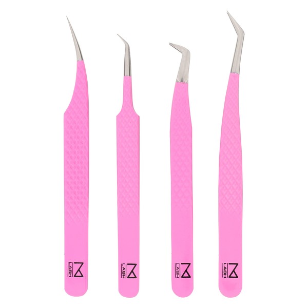 M LASH Eyelash Extension Tweezers (Set of 4) - Professional & Precision Lash Tweezers for Eyelash Extensions - Japanese Steel, Diamond Grip, Fiber Tip I-Series (Pink)